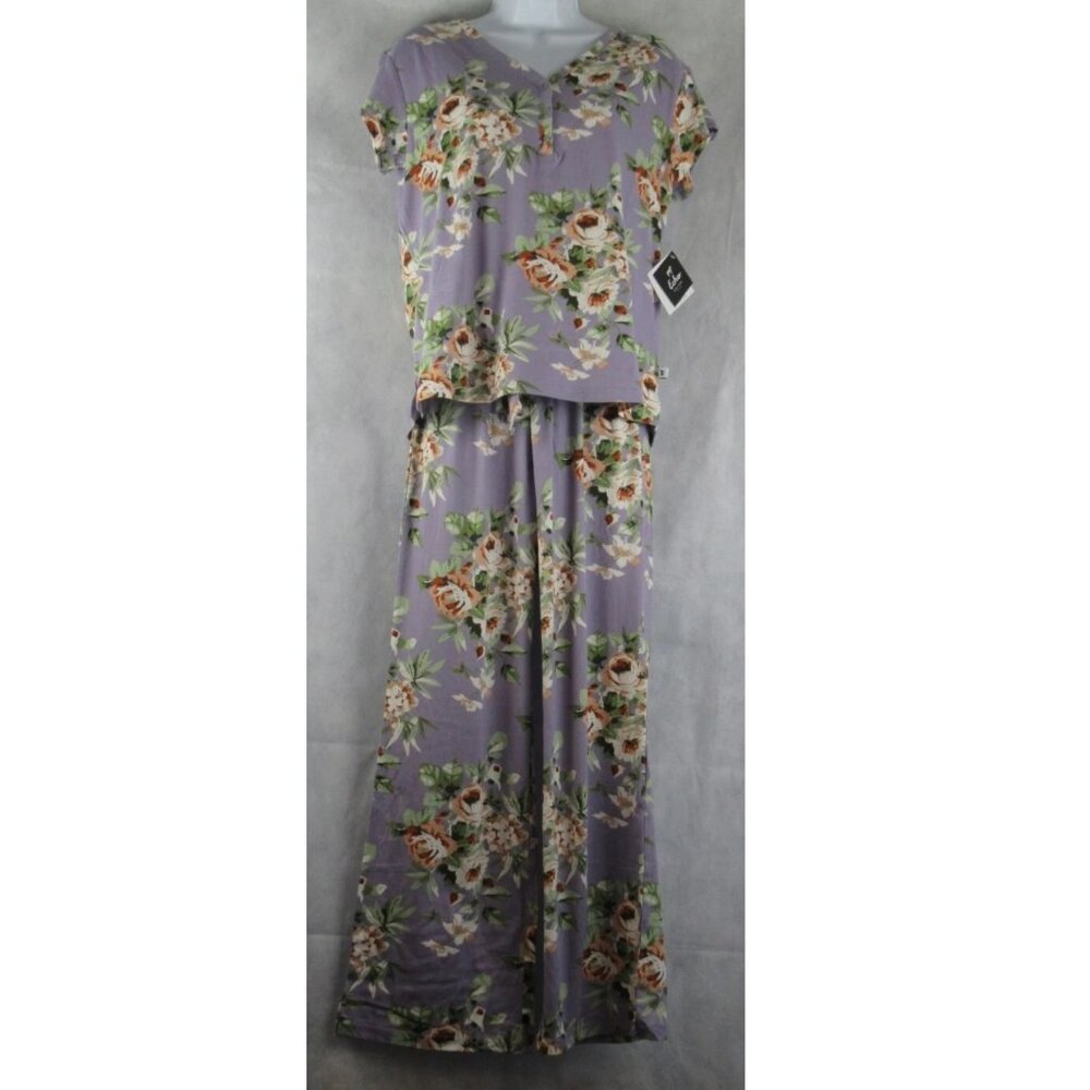 NWT Echo Women's 2-Piece Short Sleeve Wide Leg Pajama Set, Purple Floral